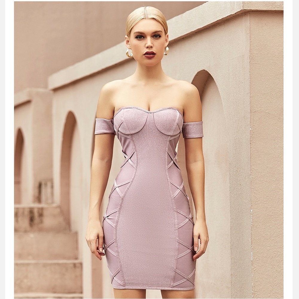 NEW! DESIGNER COUTURE LILAC PURPLE LAVENDER BANDAGE DRESS BARDOT OFF SHOULDER